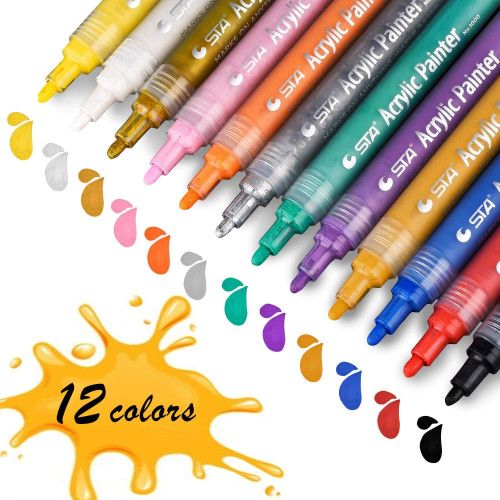 STA 12 Colors Acrylic Paint Marker Pens for Rock,Wood,Ceramic,Glass,Easter Egg