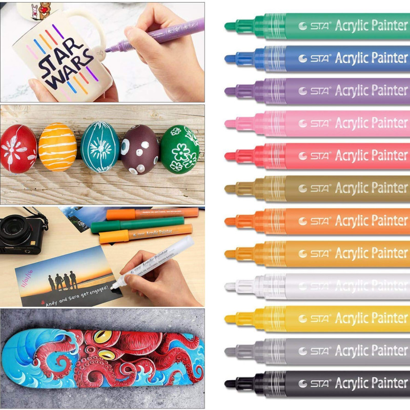 STA 12 Colors Acrylic Paint Marker Pens for Rock,Wood,Ceramic,Glass,Easter Egg