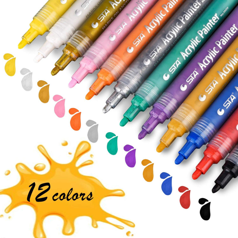 12 Colors Acrylic Paint Marker Pen Set Waterproof Permanent Markers for DIY  Art