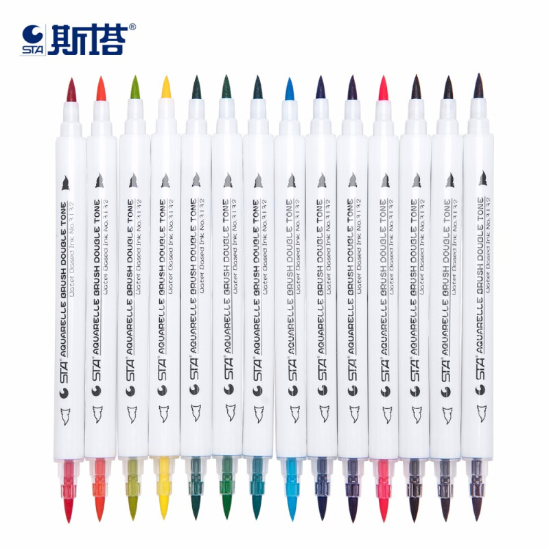 STA 14Pcs Dual Tips 28 Color Watercolor Brush Pens Art Markers for