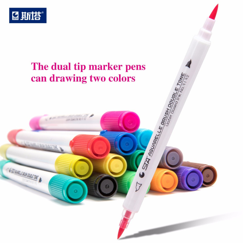 Dual Tip Watercolor Brush Markers - Sta Non-Toxic Water Based Lettering  Marker Calligraphy Pens 